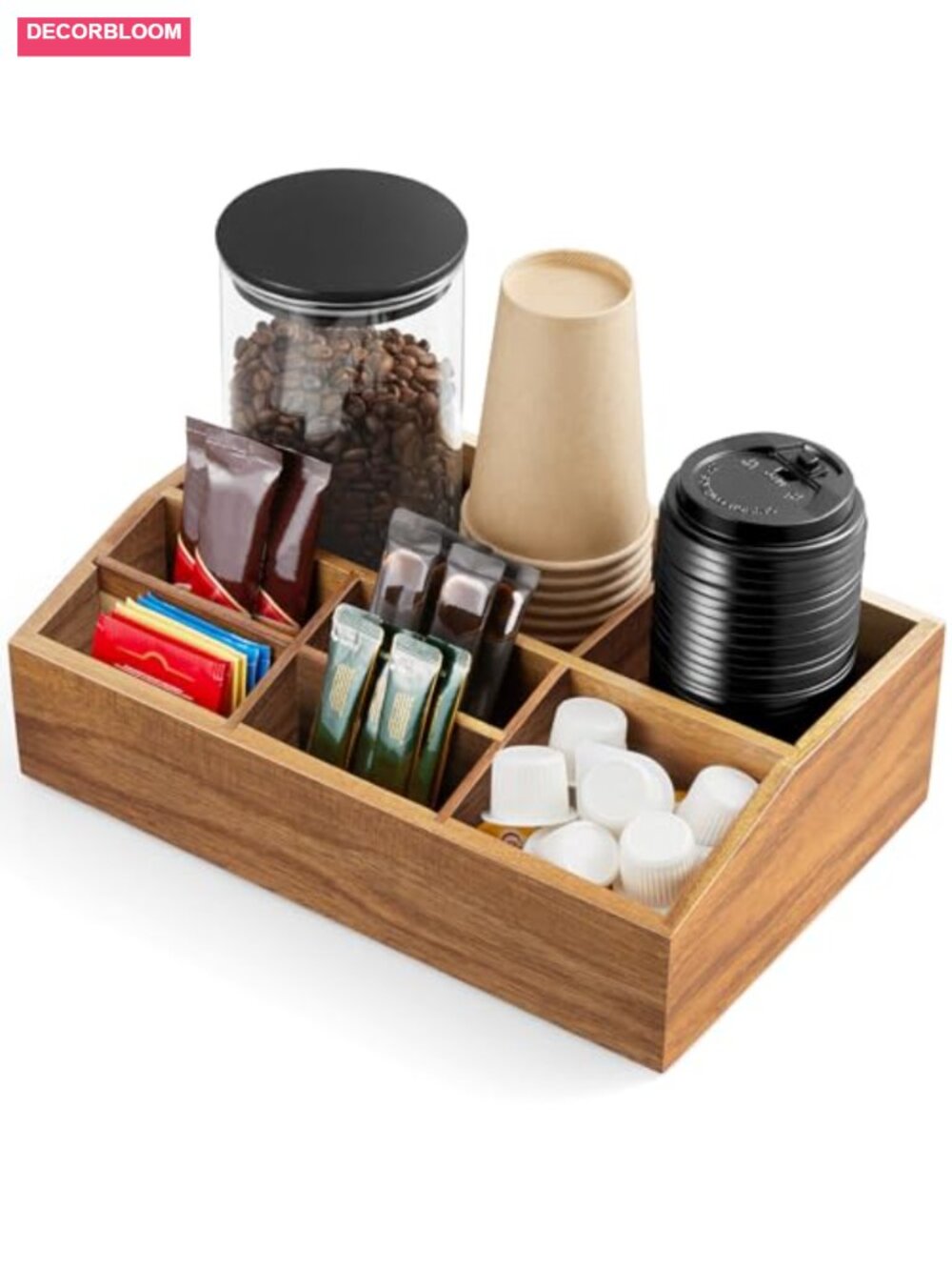 Acacia Wood Coffee Station Organizer with Removable Dividers, 7 Compartments